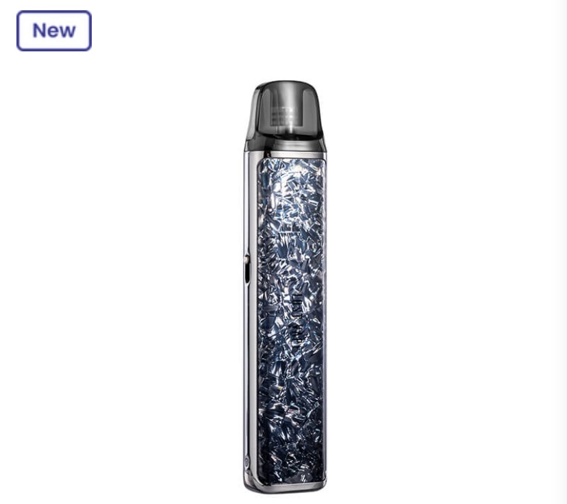 New pod-style vape device standing upright with a chrome body and a blue, shattered-pattern panel visible inside.