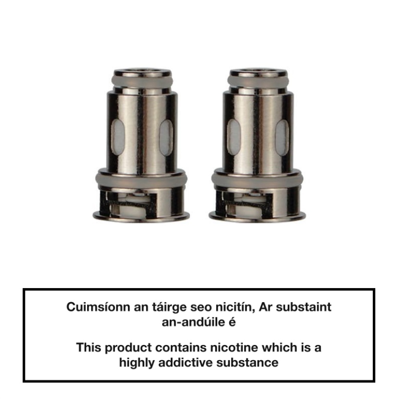 Two metallic vape coil components above a boxed nicotine warning: This product contains nicotine which is a highly addictive substance.