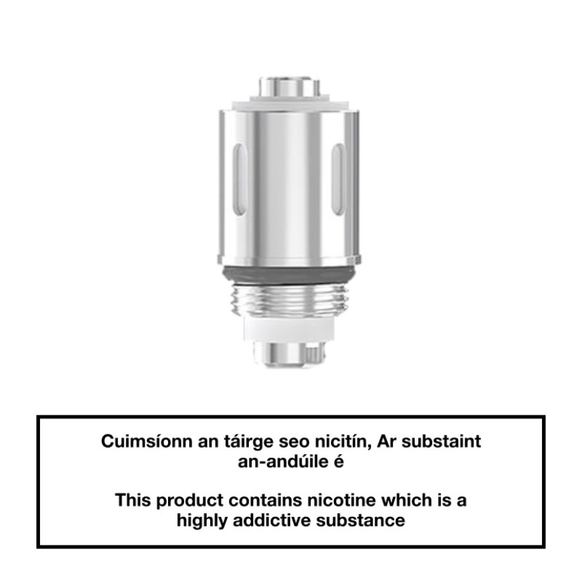 Silver vape coil cartridge above a bold nicotine warning label stating 'This product contains nicotine which is a highly addictive substance'.