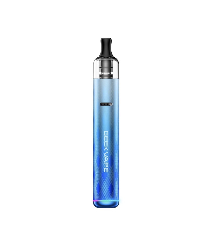 Blue Geekvape Pod-style Vape Pen with a Black Mouthpiece and Transparent Top Standing Upright to the Side View open Pod Visible They Show a Geometric Blue Gradient Design on the Body - Australia E-cigarette Store