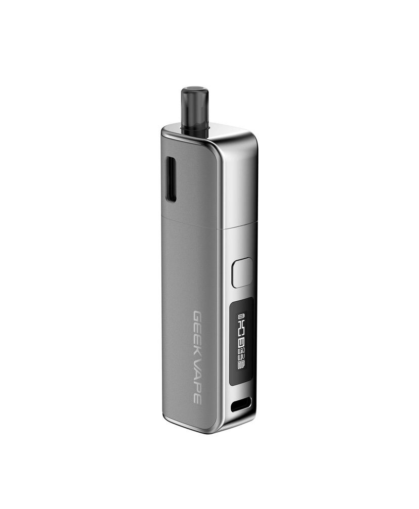 Silver Pod-style Vape with a Black Mouthpiece and a Small Side Display Shown Upright on a White Background Brand Visible - Australia E-cigarette Store