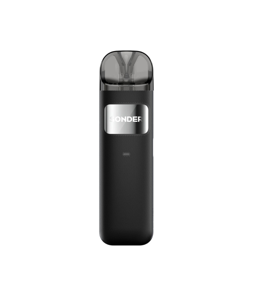 Black Pod-style Vape Device Standing Upright with a Transparent Mouthpiece and Silver Logo - Australia E-cigarette Store