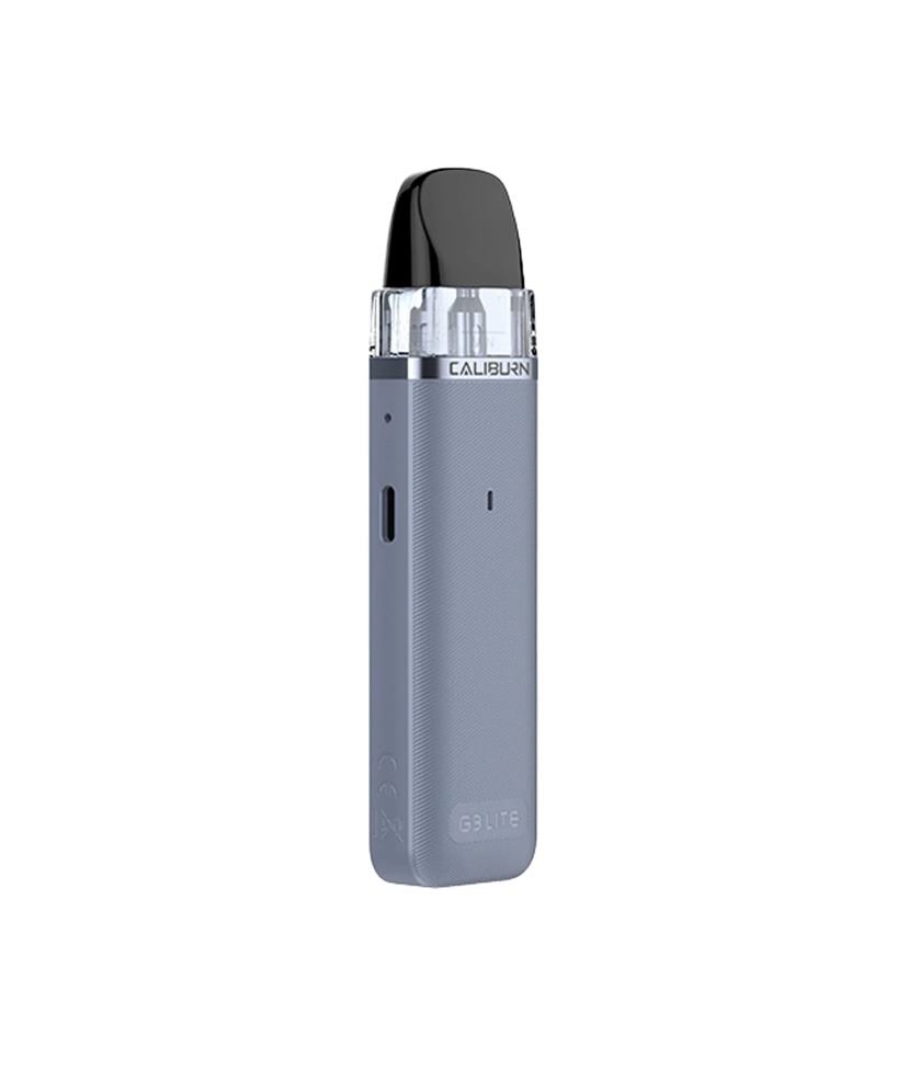 Blue-gray Caliburn Vape Pen with Black Mouthpiece and Clear Cartridge Standing Upright - Australia E-cigarette Store