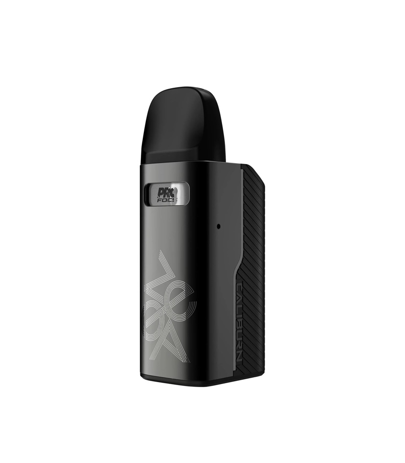 Compact Black Pod-style Vape with a Curved Mouthpiece Front Graphic Design and Textured Side Grip Shown from the Side - Australia E-cigarette Store