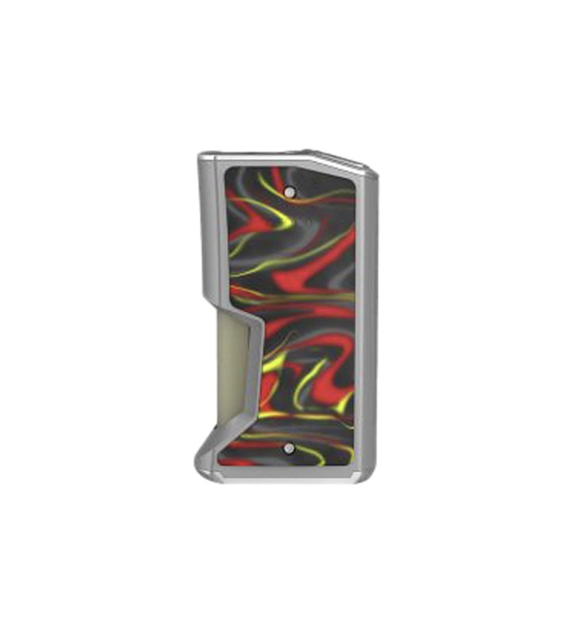 Vertical chrome-framed object with a colorful swirling red, yellow, and black interior panel.