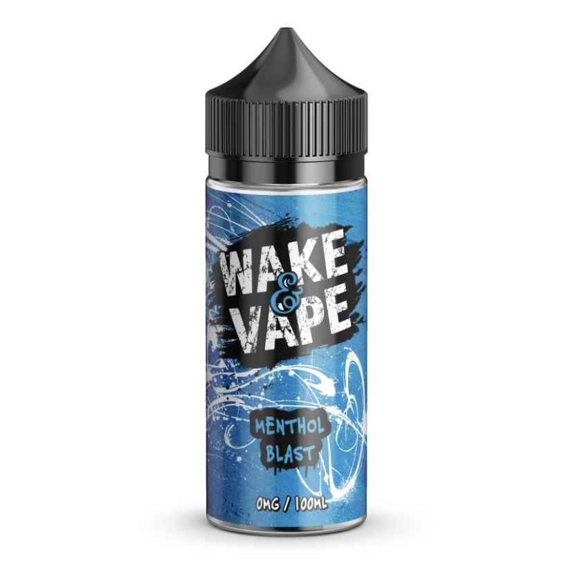 E-liquid bottle with blue label reading 'WAKE & VAPE' and 'MENTHOL BLAST' in bold white letters on black brush strokes and splash design.