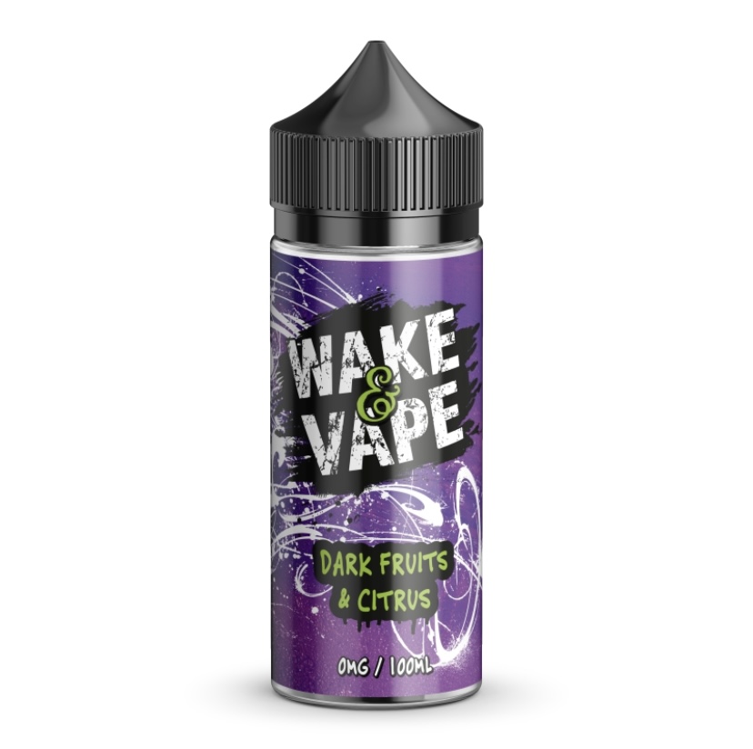 Bottle of Wake & Vape e-liquid with purple label and black cap (Dark Fruits & Citrus). It’s a 100ml vape bottle.