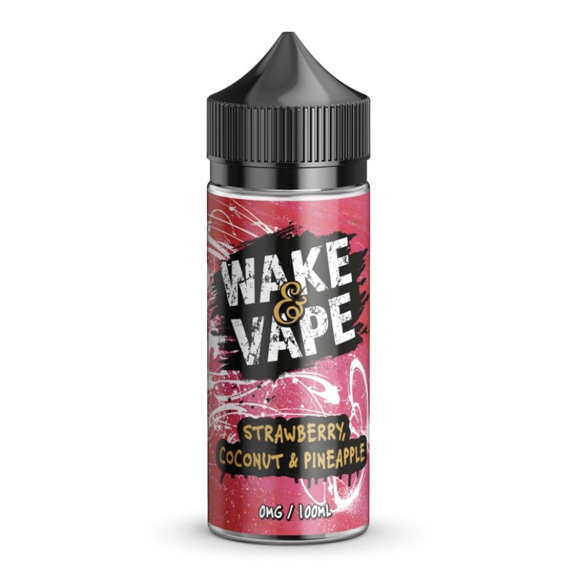 Pink Wake  Vape E-liquid Bottle with a Black Cap Labeled Strawberry Coconut  Pineapple Flavor - Australia E-cigarette Store