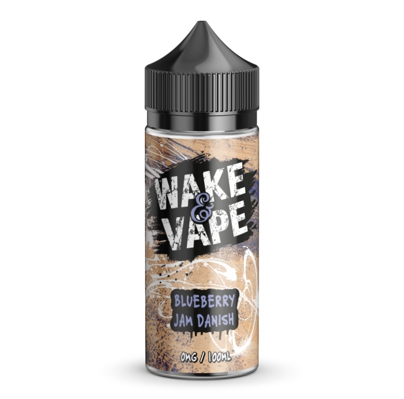 E-liquid bottle labeled 'WAKE VAPE' with Blueberry Jam Danish flavor