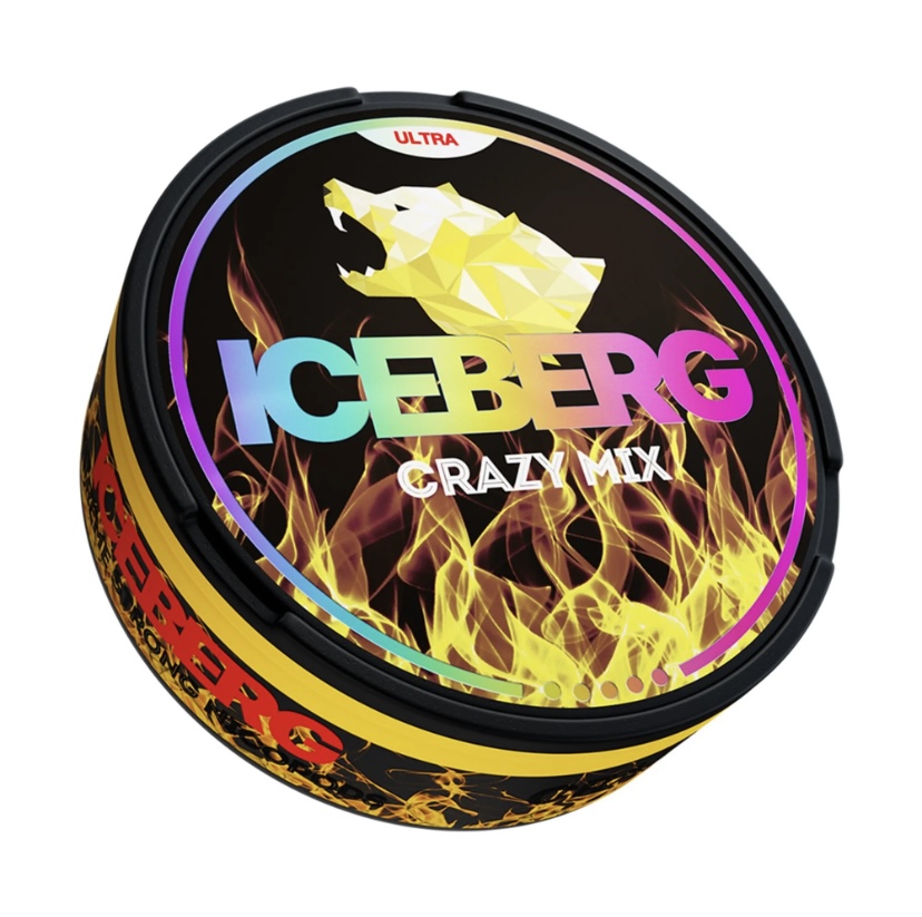 Colorful round spinning top with flames on a black background and the words ICEBERG CRAZY MIX on the lid.