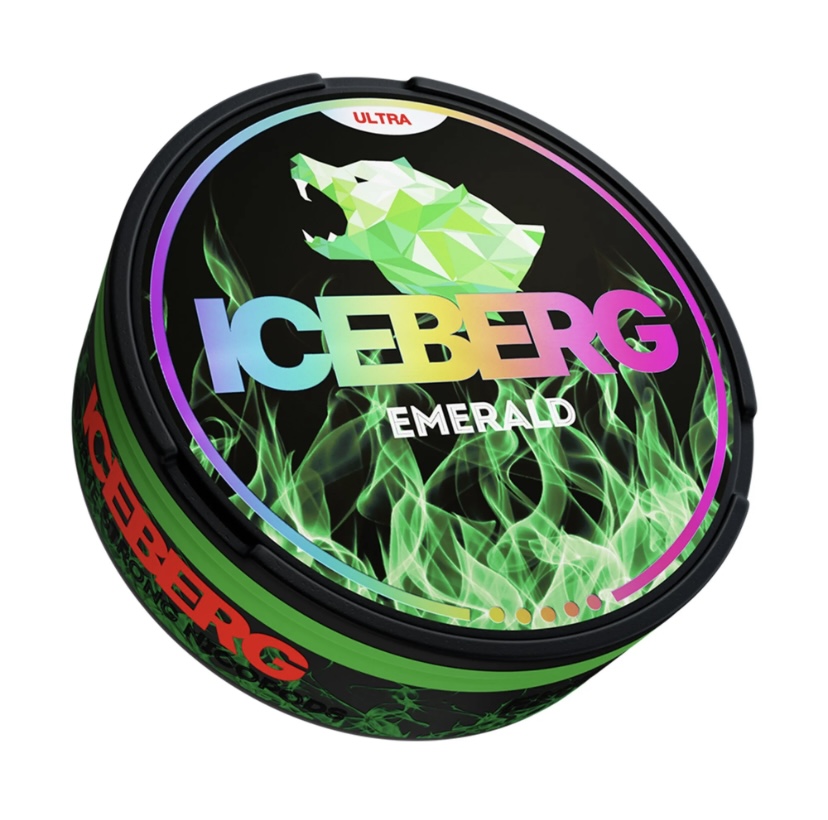 Round black tin packaging for Iceberg Emerald with neon green flames and a multicolored 'ICEBERG EMERALD' logo on the lid.