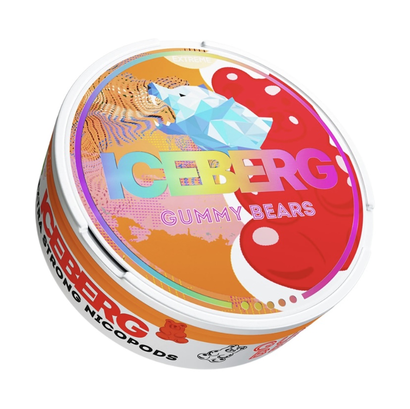 Round white tin with a vibrant Iceberg Gummy Bears label featuring a blue ice crystal and orange-pink artwork