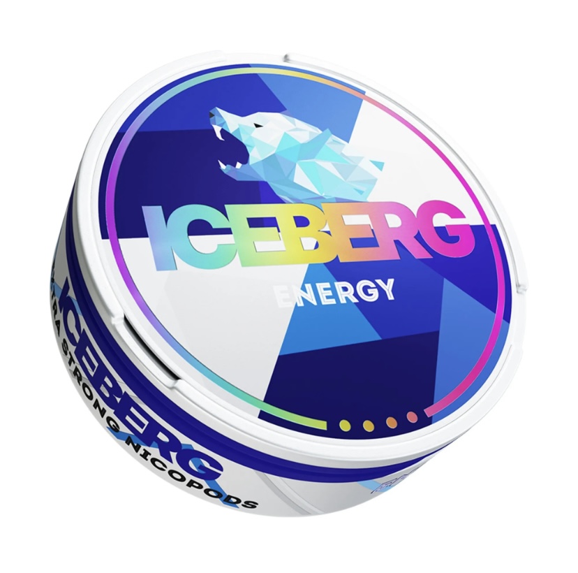 Round white energy drink tin featuring a blue, low-poly polar bear and the rainbow-gradient text 'ICEBERG ENERGY' on the lid