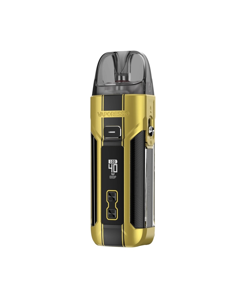 Gold and Black Vaporesso Pod Vape with a Clear Top Mouthpiece and a Digital Wattage Display - Australia E-cigarette Store