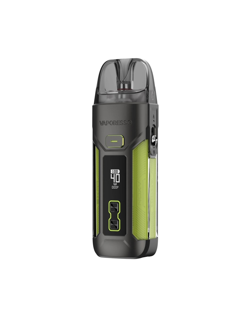 Vaporesso Pod Vape with a Black Body and Lime-green Panels Standing Upright with a Translucent Mouthpiece on Top - Australia E-cigarette Store