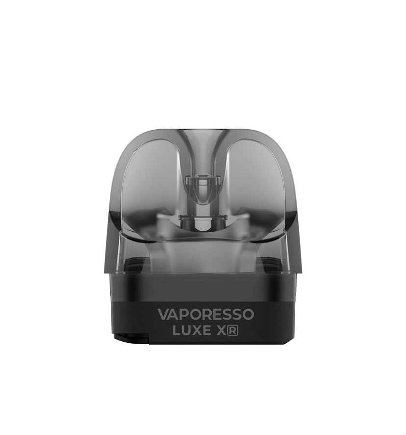 Close-up of a Vaporesso Luxe XR pod cartridge with a clear mouthpiece and black base labeled Vaporesso Luxe XR.
