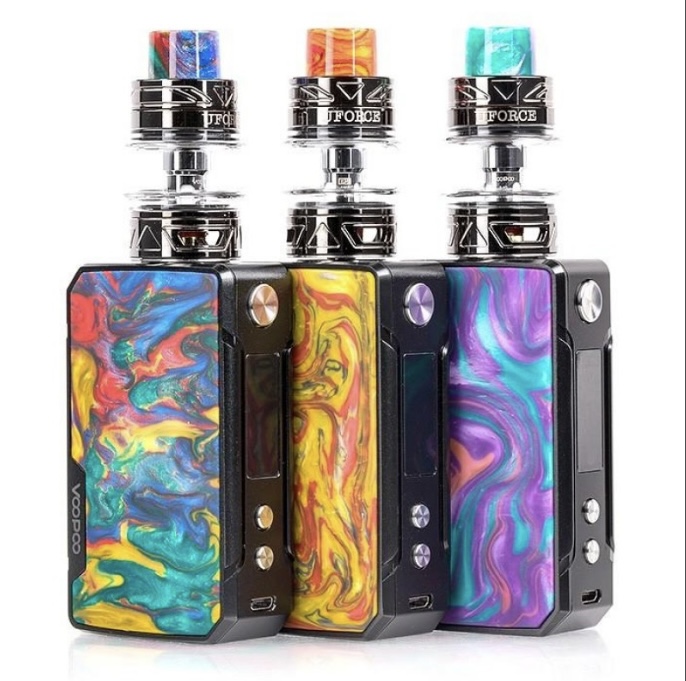 Three Colorful Vape Mods with Resin Panels in Blue Yellow and Purple Each Topped with a Glass Tank and Metal Mouthpiece - Australia E-cigarette Store