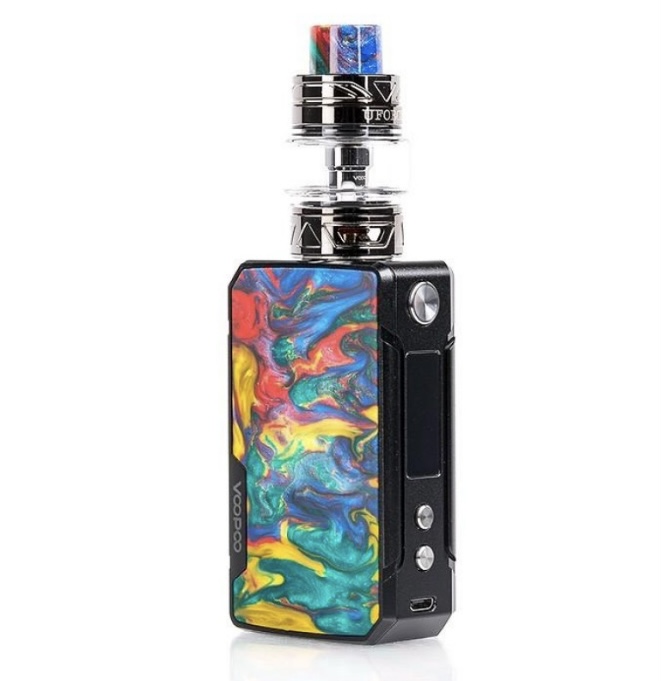 Vape Mod with a Colorful Panel and Attached Glass Tank on Top Black Body with a Round Fire Button and Screen Side Panel - Australia E-cigarette Store