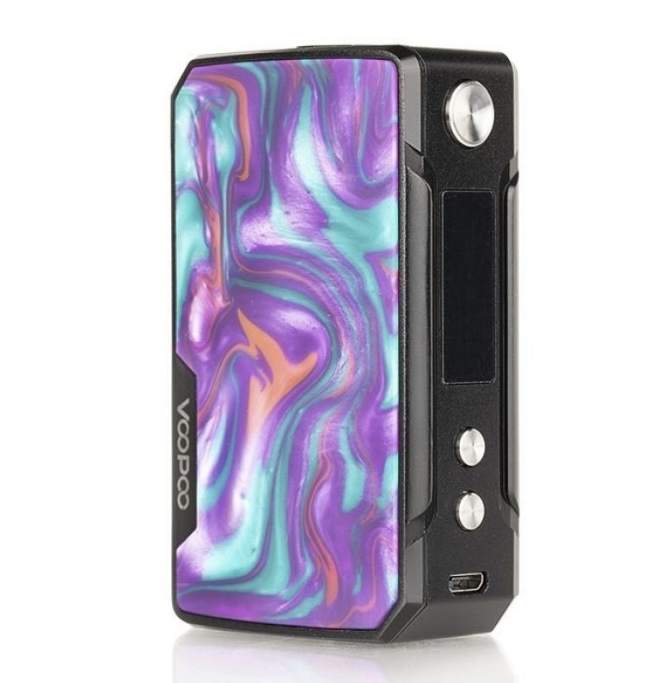 Voopoo vape mod with a multicolored resin panel and metal accents, shown from a side angle.