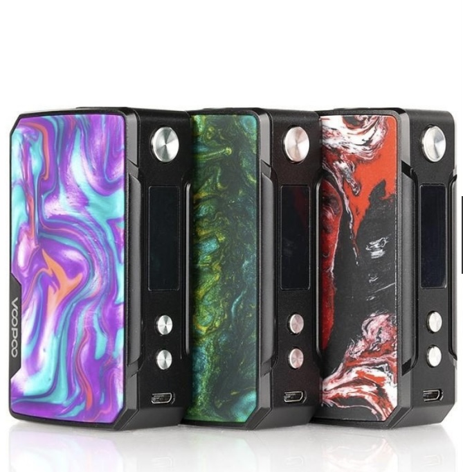 Four vape mods with colorful resin panels in purple, green, and red tones lined up side by side on a white background.