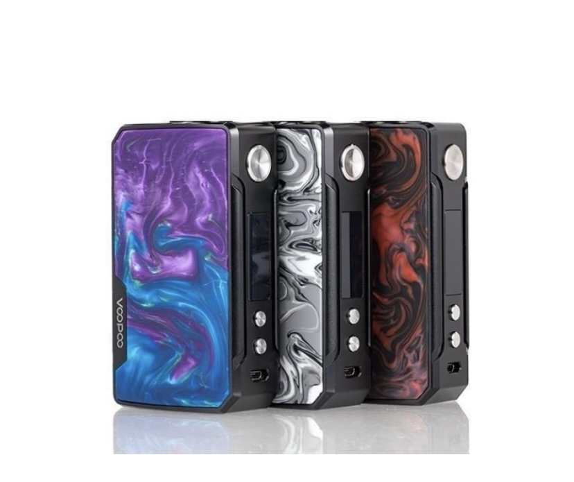 Four vape mods with marbled panels in purple, white, red, and black, arranged in a row; branding shows on the left side: VOOPOO poster edge visible.