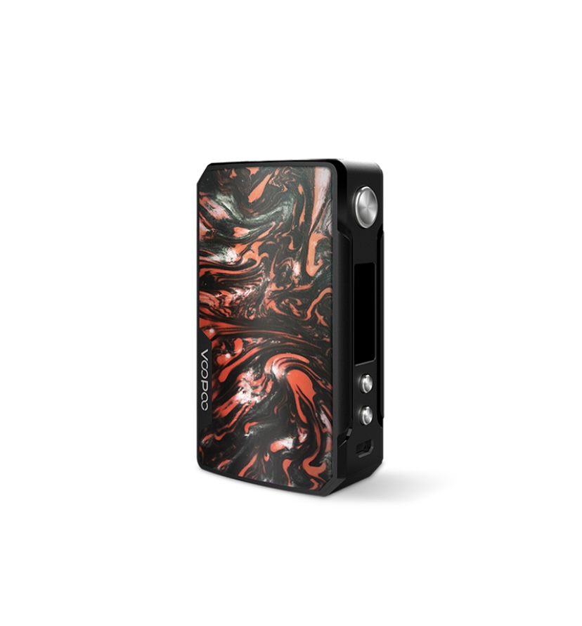 Voopoo vape mod with a red‑black marble front panel, angled view showing a side display and control buttons.