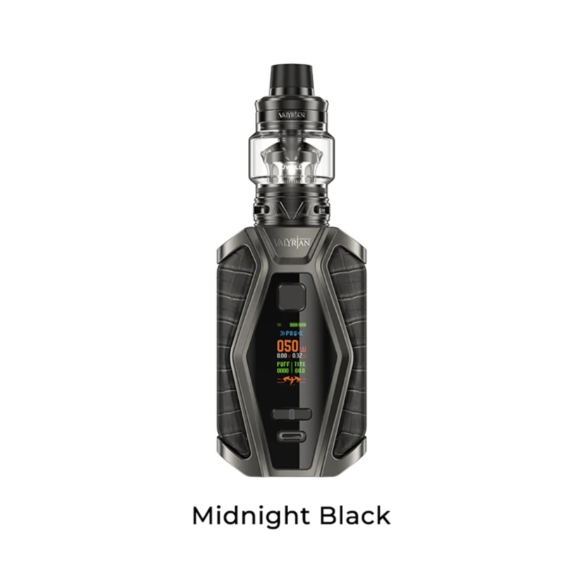 Vape Mod with Black and Gray Panels Glass Tank on Top and a Digital Display on the Front Midnight Black Color - Australia E-cigarette Store