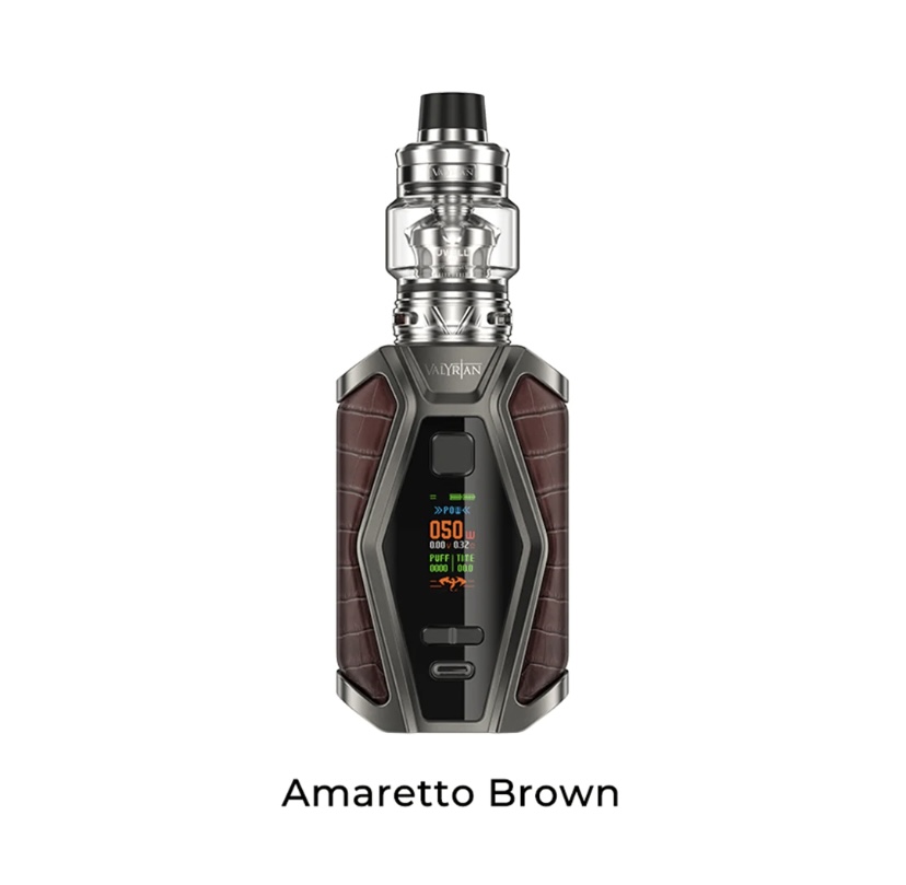 Amaretto Brown Valyrian Vape Mod with a Glass Tank and a Front-facing Digital Display to Show Settings - Australia E-cigarette Store