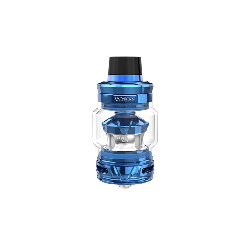 Blue Valyrian Vape Tank with a Clear Glass Reservoir and Black Mouthpiece Metal Blue Accents Shown Against a White Background - Australia E-cigarette Store