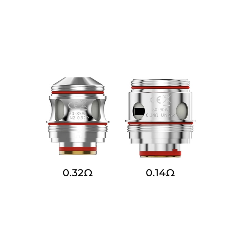 Two Shiny Vape Coil Heads Side by Side Labeled 032Ω and 014Ω with Red Seals and Metallic Finishes - Australia E-cigarette Store