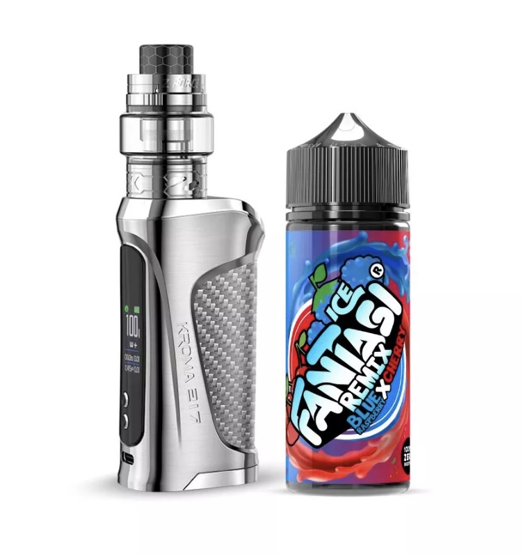 Sleek silver vape mod with a black tank on the left beside a colorful bottle of e-liquid on the right.