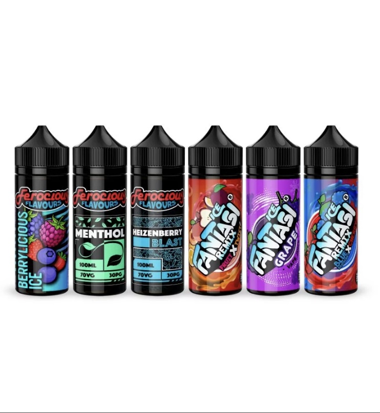 Six e-liquid vape bottles with black caps arranged in a row, featuring berry, menthol, and fruit flavors on colorful labels.