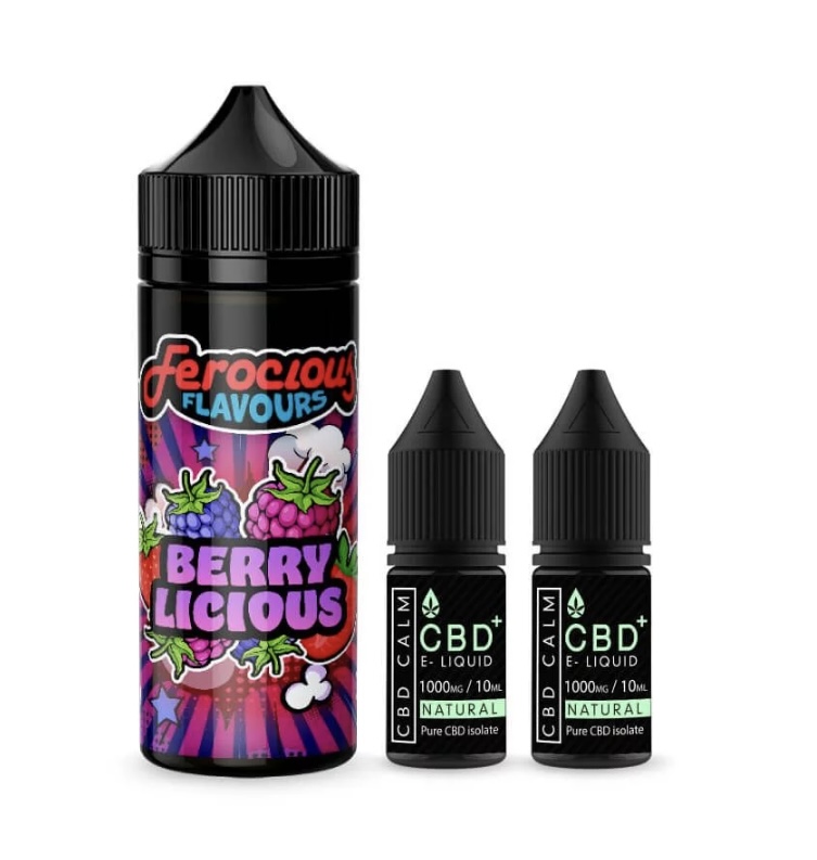 Three vape juice bottles: a large Berrylicious Ferocious Flavours bottle and two CBD e-liquid bottles beside it.