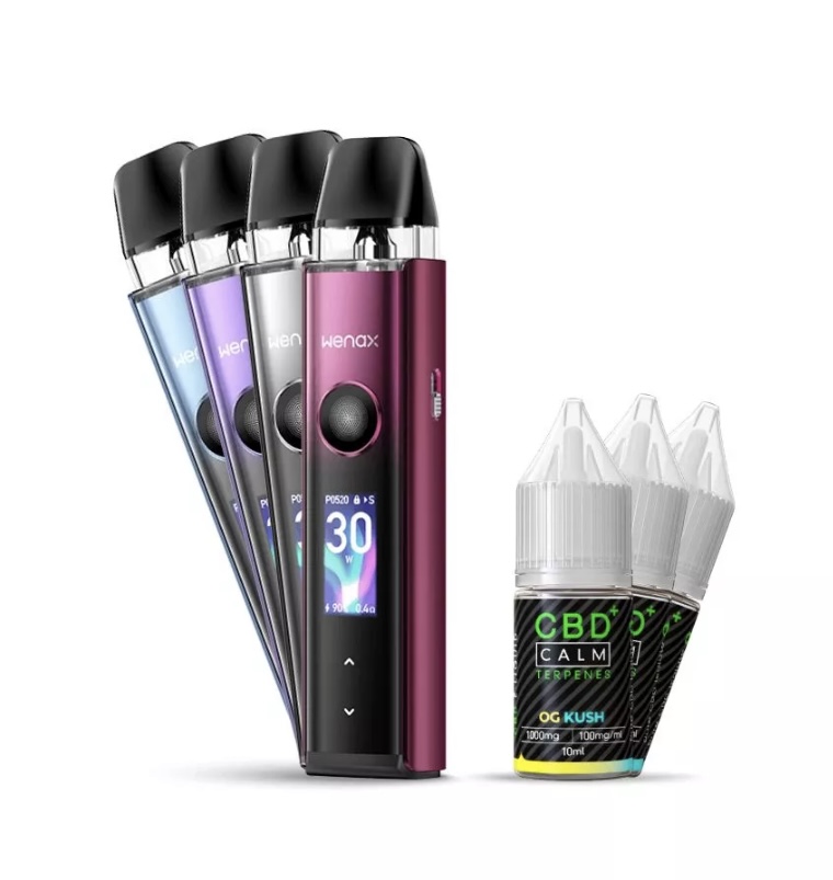 Four Wenax vape pens in blue, purple, gray, and pink stand next to a CBD vape oil bottle on a white background.