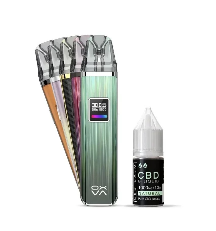 Green Vape Mod with Rainbow Panels and Several Pod Cartridges Beside a Cbd E-liquid Bottle Labeled Natural - Australia E-cigarette Store