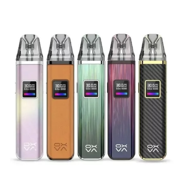 Five Vape Pod Devices Lined Up in a Row Each with a Small Digital Display and a Metallic Mouthpiece in Pastel to Carbon-fiber Finishes pink Orange Green Purple Black - Australia E-cigarette Store
