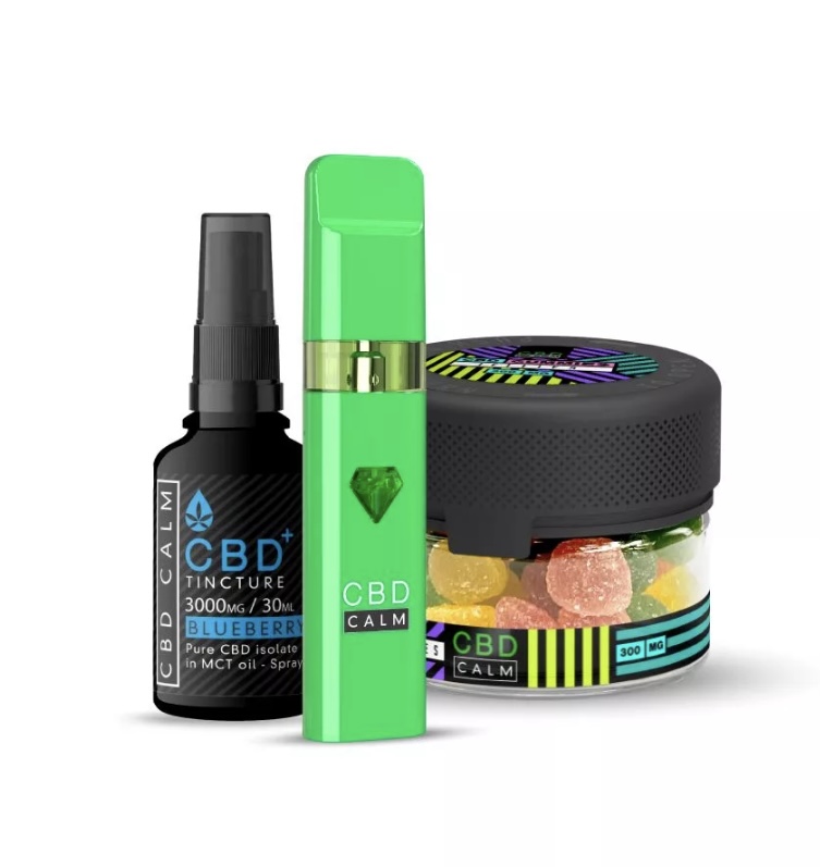 Set of CBD products: a dropper-tincture bottle labeled CBD, a bright green CBD Calm vape pen, and a jar of CBD gummies with a dark lid.