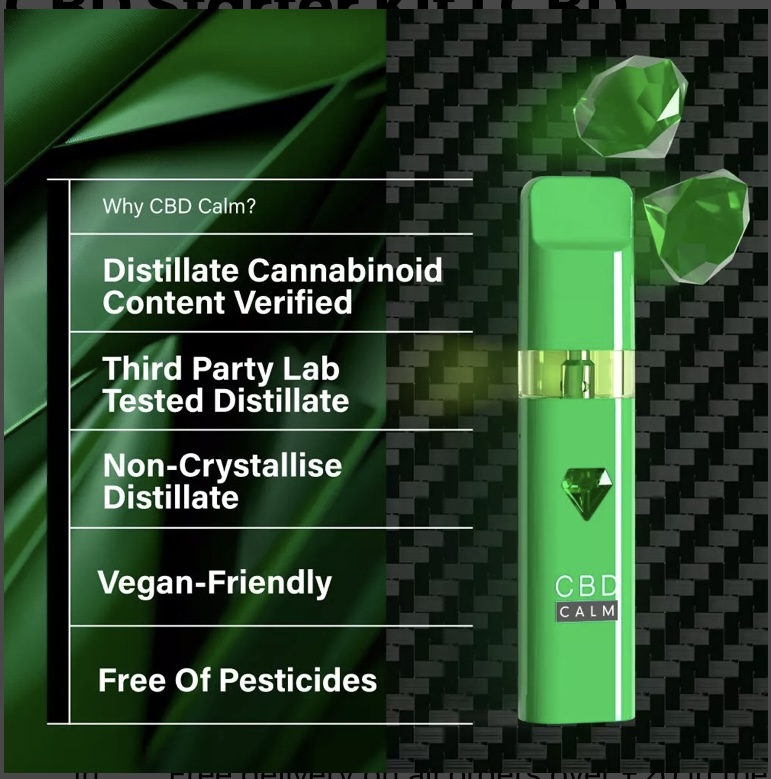 Green CBD Calm vape pen with a list of product claims: verified distillate, third‑party tested, non‑crystallised distillate, vegan‑friendly, pesticide‑free.