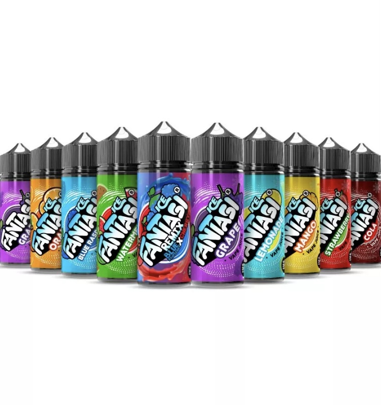 Row of colorful vape juice bottles lined up for sale, showing a variety of flavors.