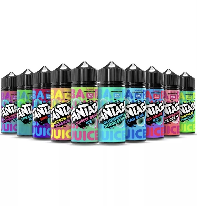 Row of colorful e-liquid bottles lined up, each with bold labels and flavor names like Gummy Bear, Blueberry, and Lemon Passion