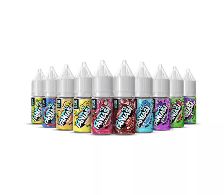 Row of colorful e-liquid vape bottles with dropper tips lined up on a white background.