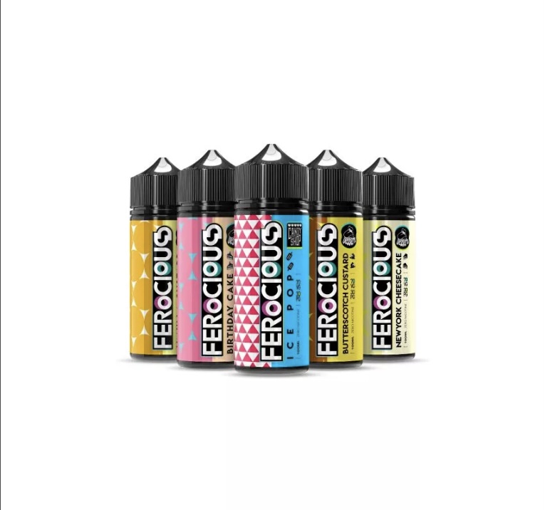 Six Ferocious e-liquid bottles with bright, patterned labels lined up in a row on a white background.