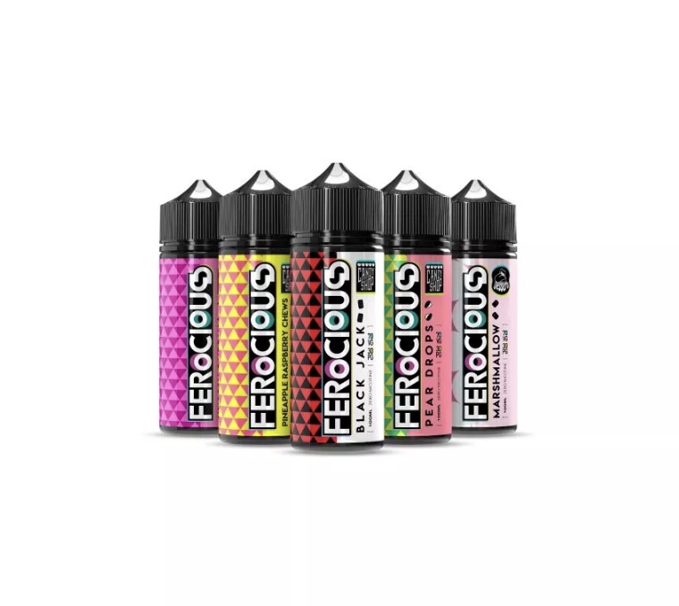Five Ferocious e-liquid bottles with bright geometric labels and black dropper caps, lined up on a white background.