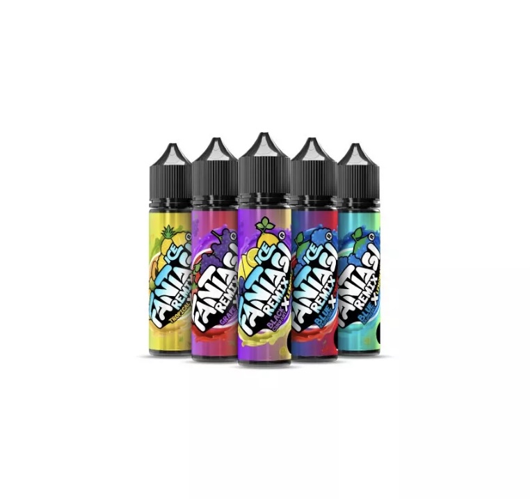Five colorful vape juice bottles with black dropper caps arranged in a row on a white background, showcasing vibrant label colors.