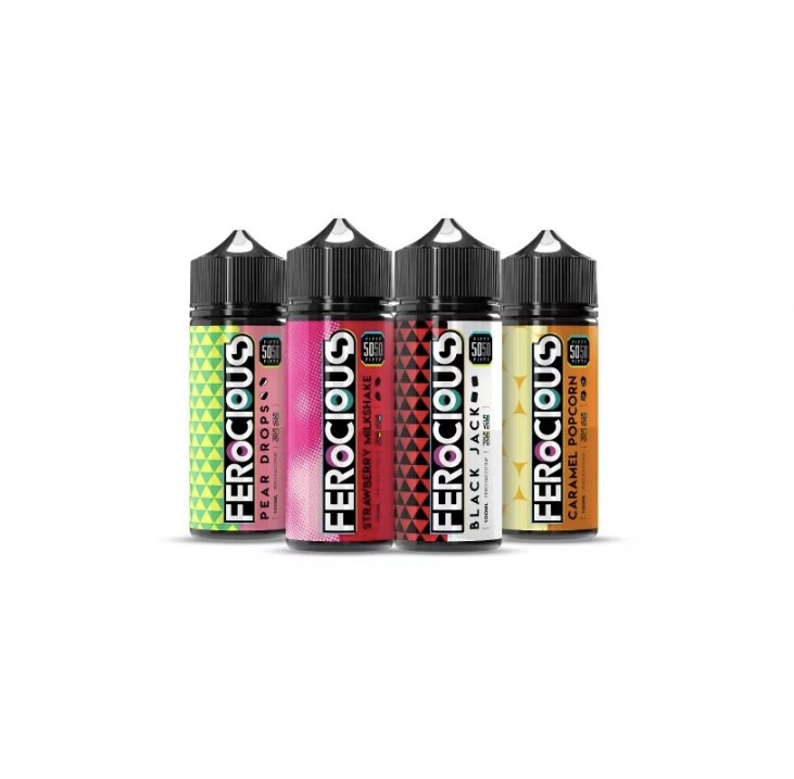 Four Ferrocious e-liquid bottles in a row with bright triangular labels: Pear Drop, Strawberry Milkshake, Black Jack, and Caramel Popcorn flavors.
