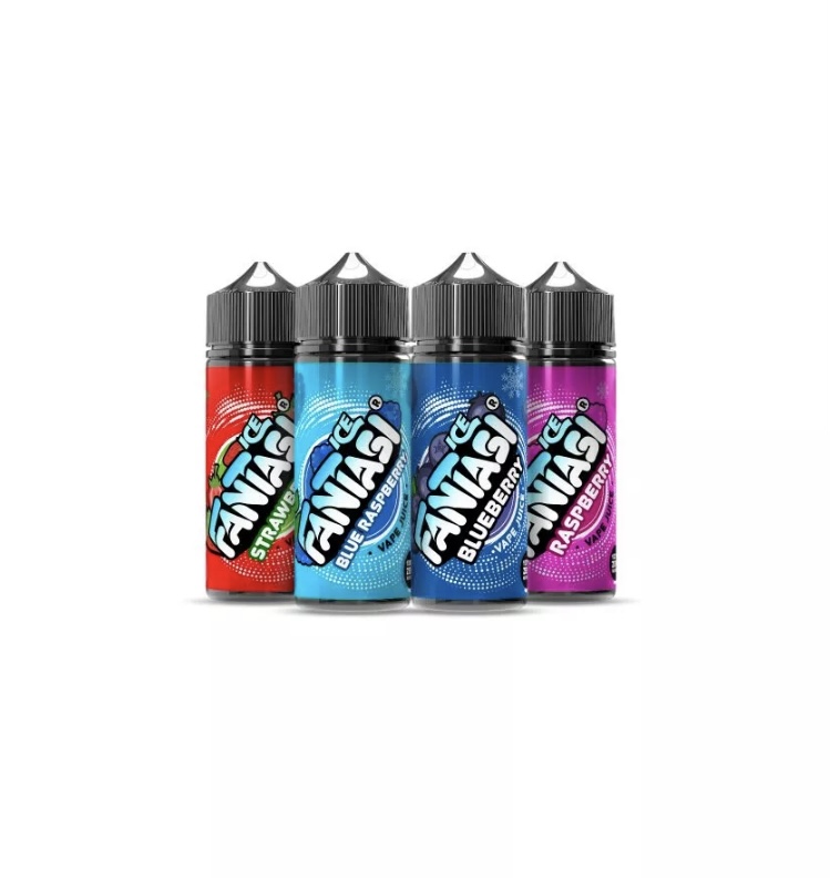 Four vape juice bottles in red, teal, blue, and purple labels, lined up with flavor names Strawberry, Blue Raspberry, Blueberry, and Raspberry visible on the labels.