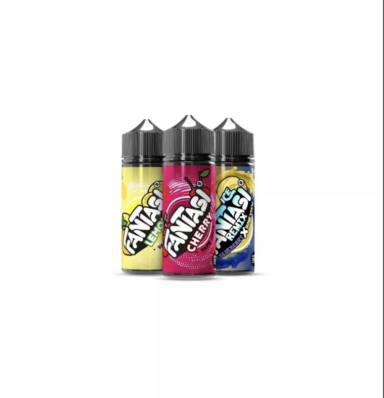 Three colorful vape juice bottles (yellow lemon, pink cherry, blue blueberry) arranged in a row.