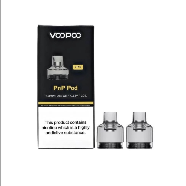 Box and Two Pnp Pod Vape Cartridges Shows Packaging Labeled pnp Pod with 2 Pcs and Two Transparent Pods Beside It Includes Nicotine Warning on the Box - Australia E-cigarette Store