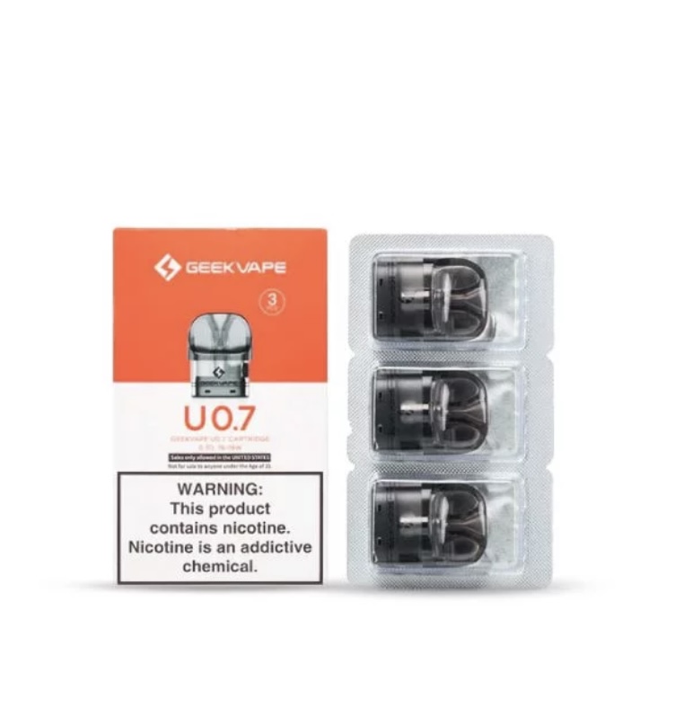 Geekvape U0.7 pod kit box next to a blister pack with three replacement pods