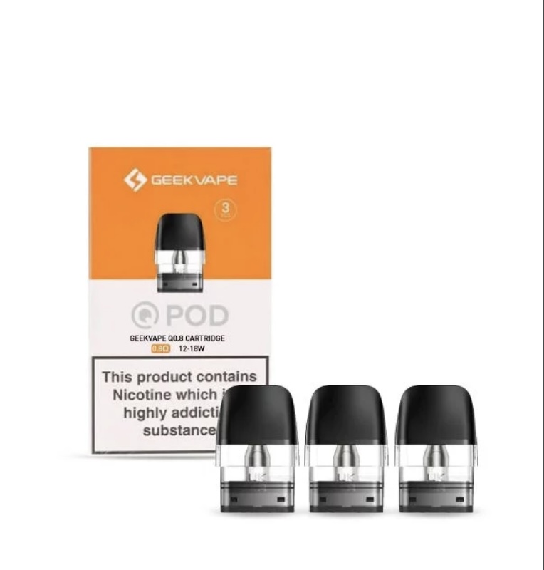 Geekvape Qpod Cartridge Box with Three Pod Cartridges in Front Orange and White Packaging and Nicotine-warning Label Visible - Australia E-cigarette Store